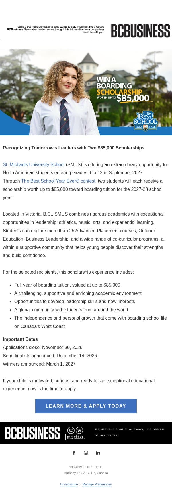A Scholarship Opportunity for your Teen email from BC Business screenshot