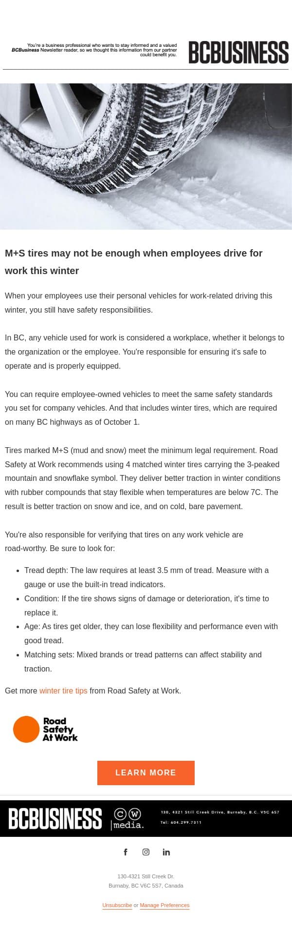 The safety case for winter tires email from BC Business screenshot