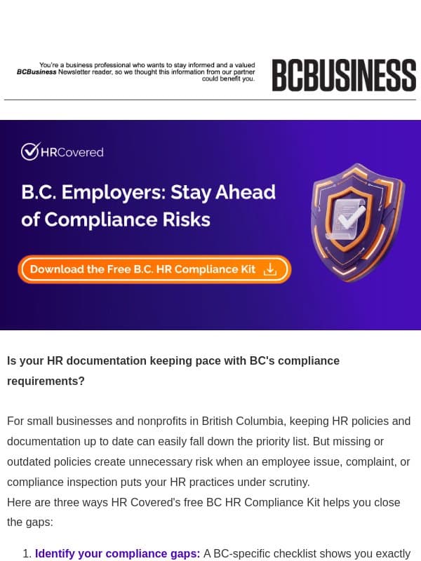 Subject Line: Are your B.C. HR policies compliant? (Free kit inside) email from BC Business
