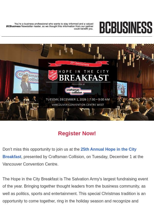Get Your Tickets for the 25th Anniversary this Christmas! email from BC Business