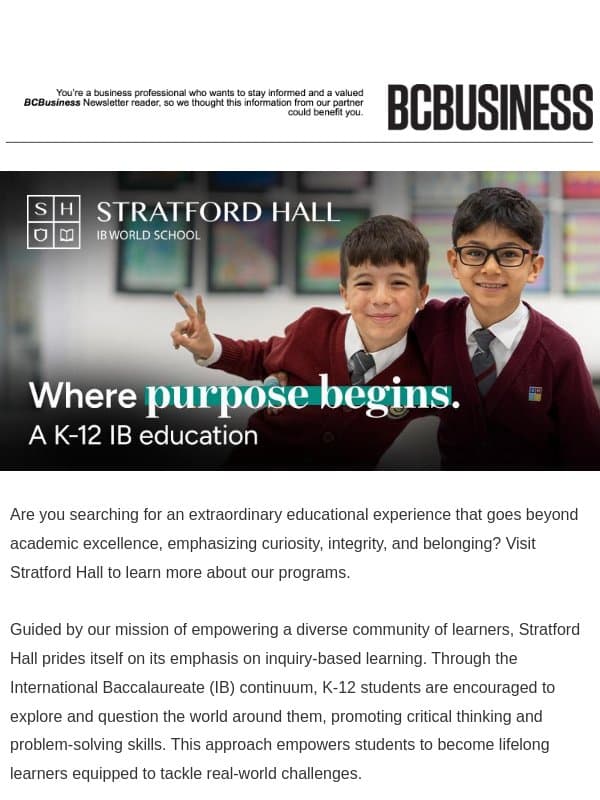 Stratford Hall: Where K-12 Students Find Passion and Purpose email from BC Business