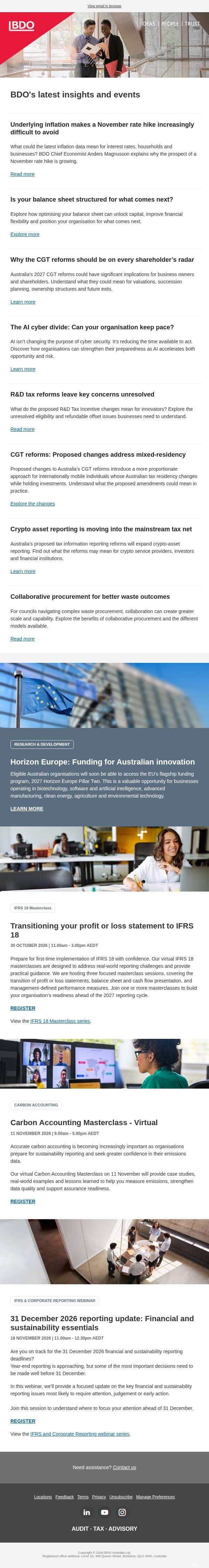 BDO’s latest insights and events: What’s ahead for business? email from BDO Australia screenshot