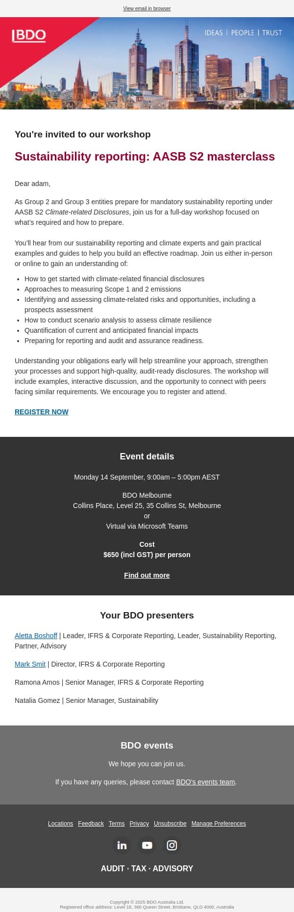 Preparing for AASB S2: Sustainability reporting masterclass - Melbourne or virtually email from BDO Australia screenshot