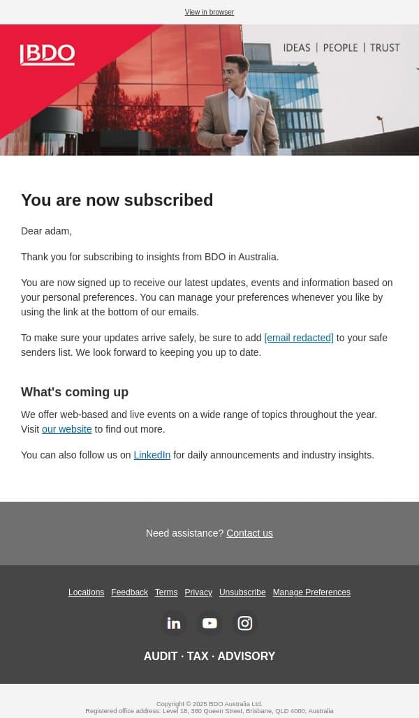 adam, thanks for subscribing to BDO email from BDO Australia screenshot