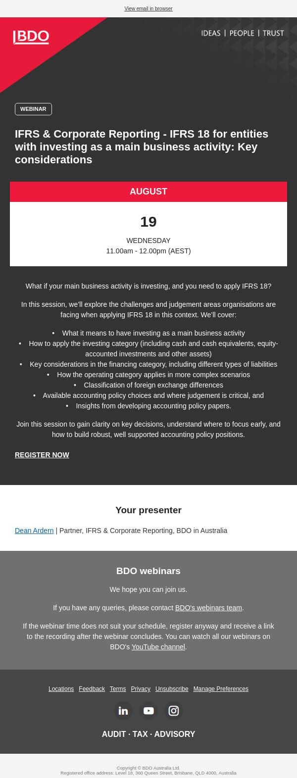 You're invited to our latest webinar: IFRS & Corporate Reporting - IFRS 18 for entities with investing as a main business activity: Key considerations email from BDO Australia screenshot