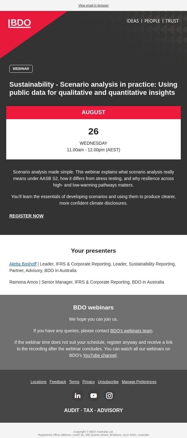 You're invited to our latest webinar: Sustainability - Scenario analysis in practice: Using public data for qualitative and quantitative insights email from BDO Australia screenshot