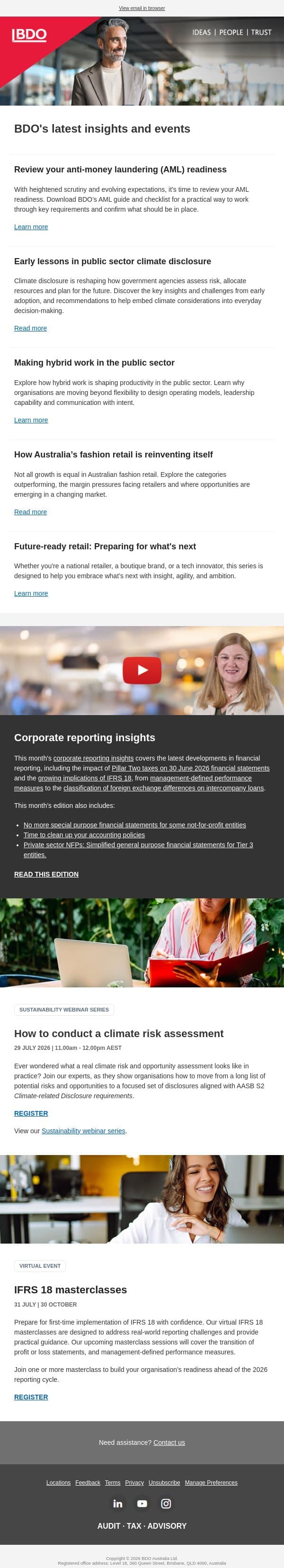 Welcome to this week's insights and events from BDO email from BDO Australia screenshot