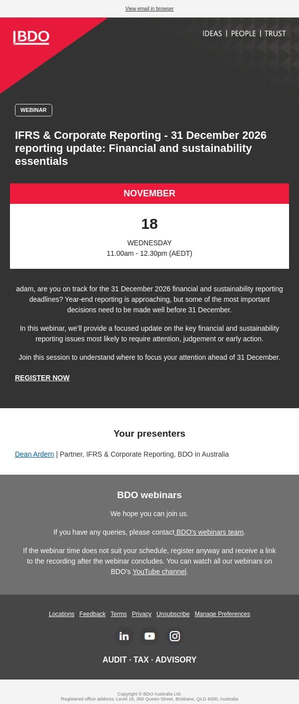 You're invited to our latest webinar: IFRS & Corporate Reporting - 31 December 2026 reporting update: Financial and sustainability essentials email from BDO Australia screenshot