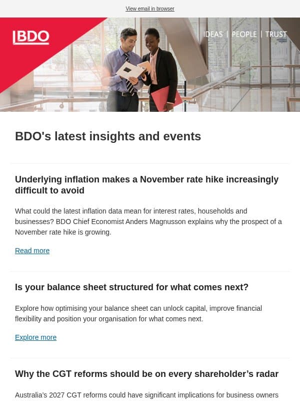 BDO’s latest insights and events: What’s ahead for business? email from BDO Australia