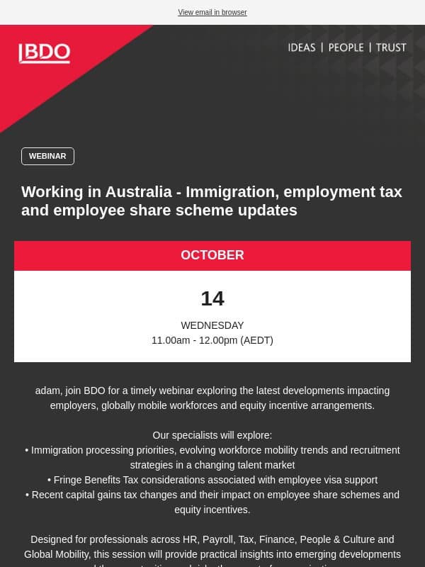 You're invited to our latest webinar: Working in Australia - Immigration, employment tax and employee share scheme updates email from BDO Australia
