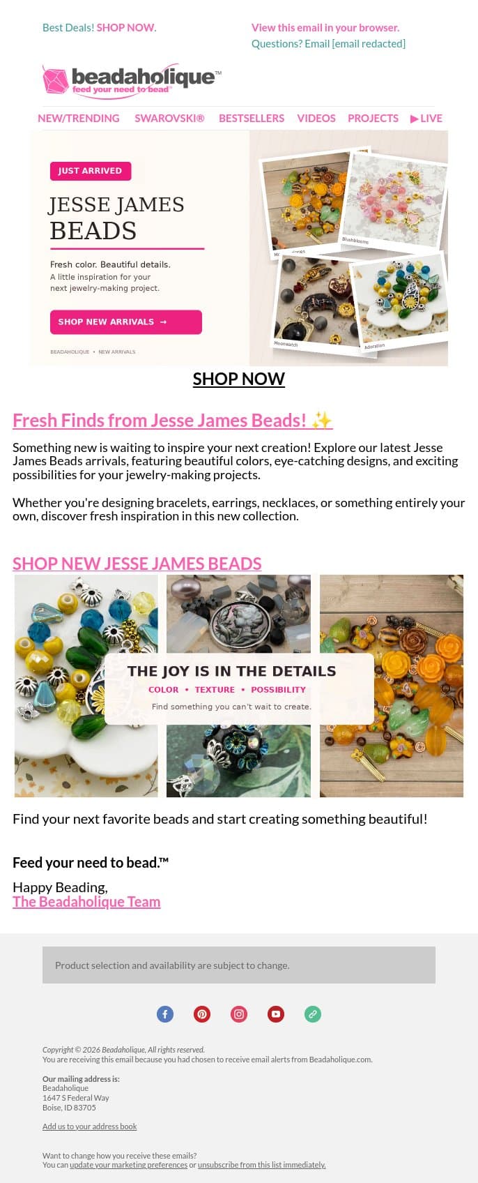 Just Arrived! ✨ New Jesse James Beads email from Beadaholique screenshot