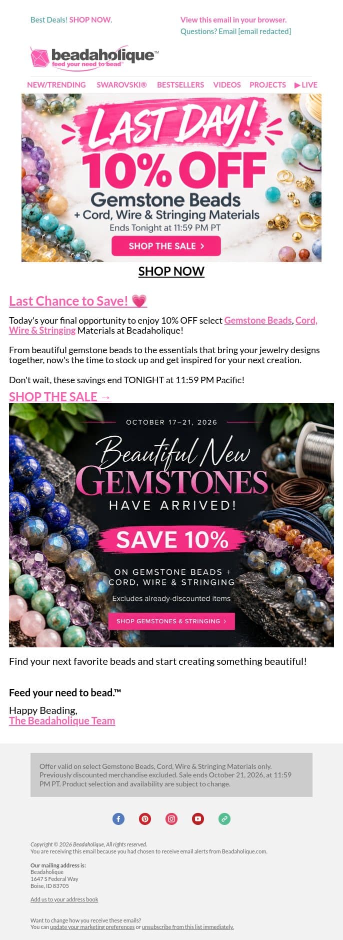 ⏰ LAST DAY! 10% OFF Gemstone Beads + More email from Beadaholique screenshot