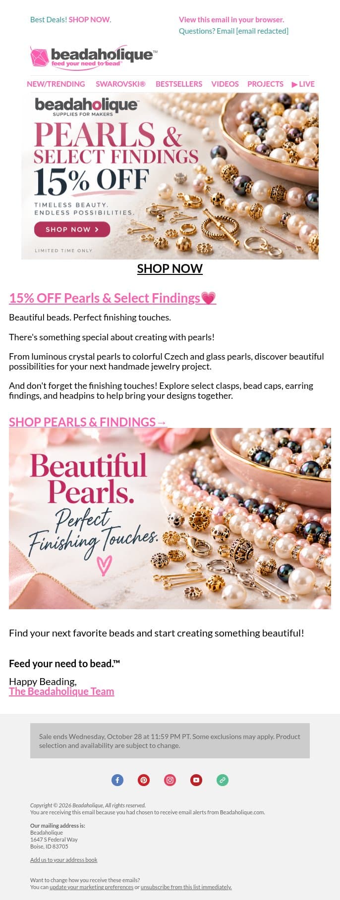 15% OFF Pearls & Select Findings ๐ email from Beadaholique screenshot