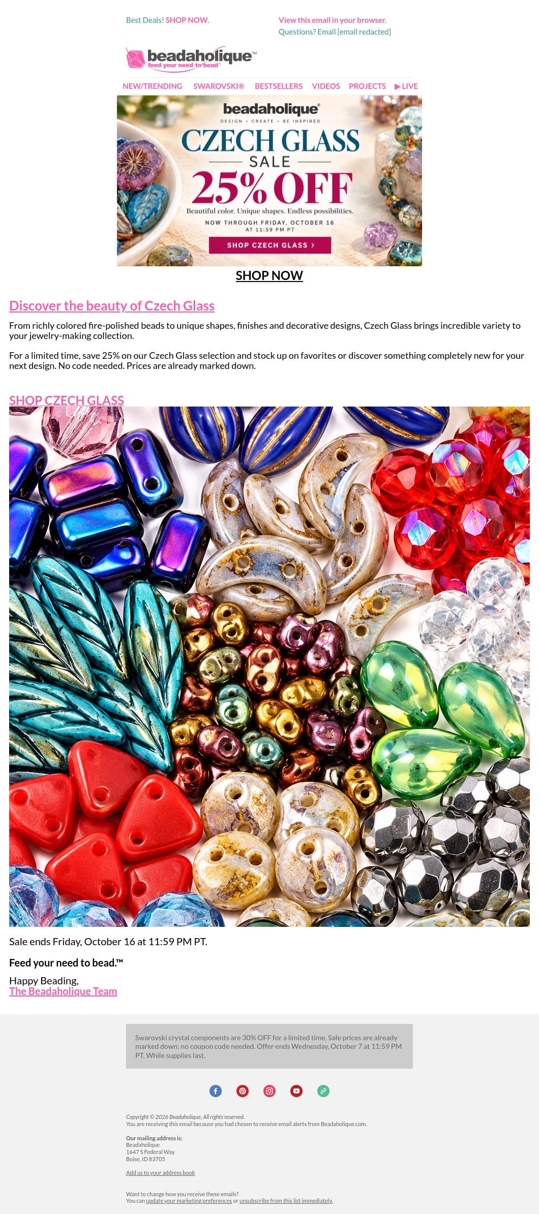 Czech Glass is 25% OFF! ✨ email from Beadaholique screenshot
