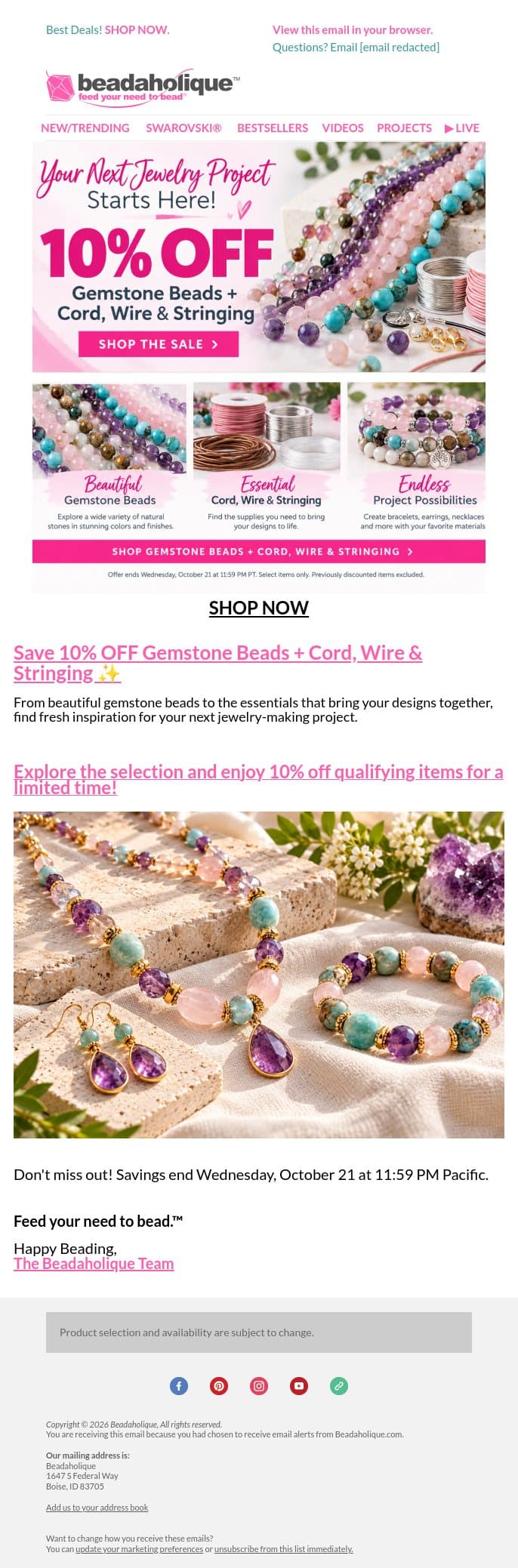 ✨ Your Next Jewelry Project Starts Here Save 10%! email from Beadaholique screenshot
