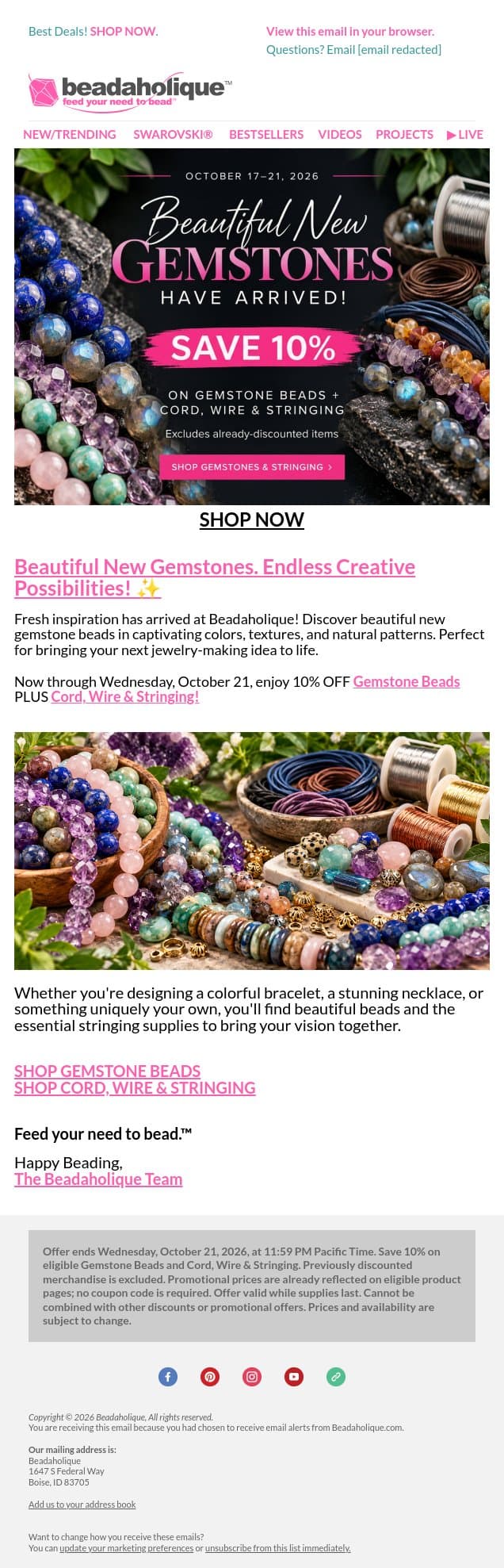 Beautiful New Gemstones Have Arrived! ✨ email from Beadaholique screenshot