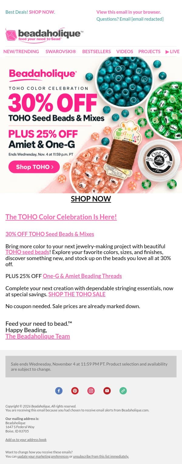 30% OFF TOHO Seed Beads & Mixes, The Color Celebration Is On! email from Beadaholique screenshot