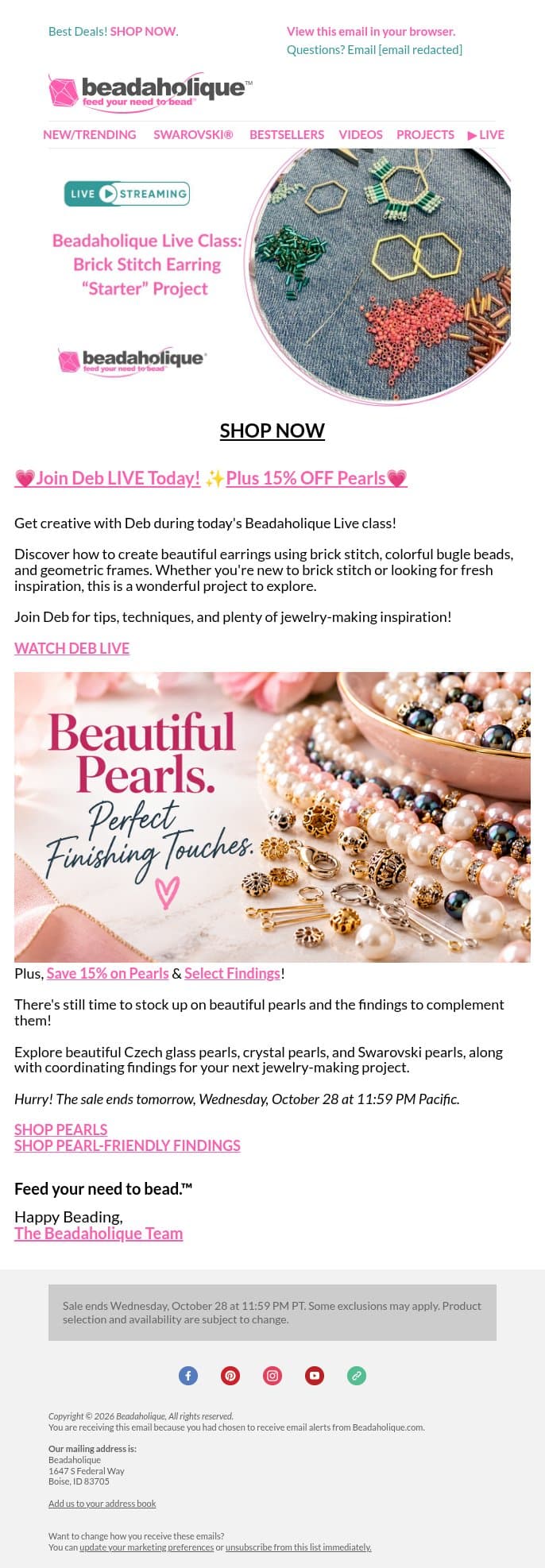 Join Deb LIVE Today! ✨ Plus 15% OFF Pearls email from Beadaholique screenshot