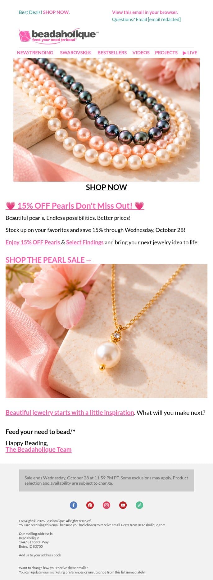 Your Pearl Sale Is Still On! π Save 15% email from Beadaholique screenshot