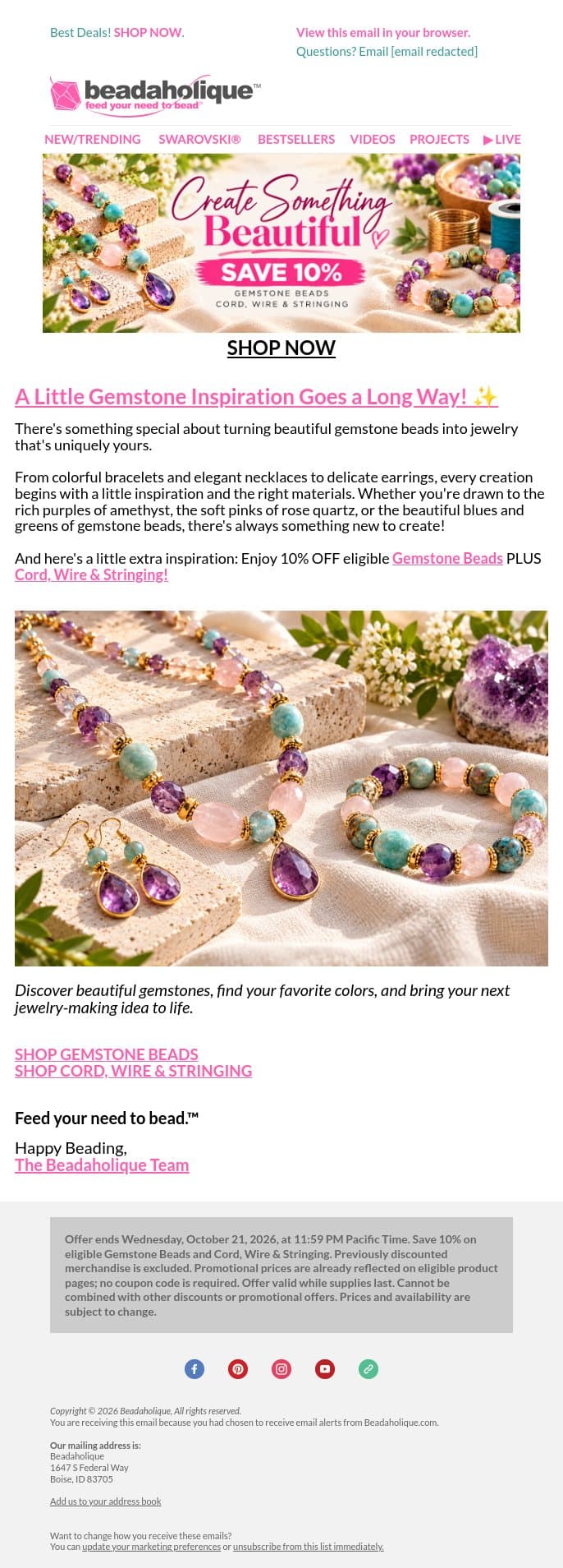 Your Next Gemstone Creation Starts Here! ✨ email from Beadaholique screenshot