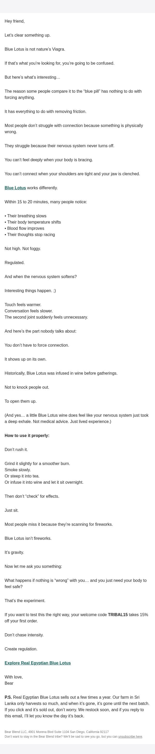 Blue Lotus vs the Blue Pill (Let’s Talk) email from Bear Blend screenshot