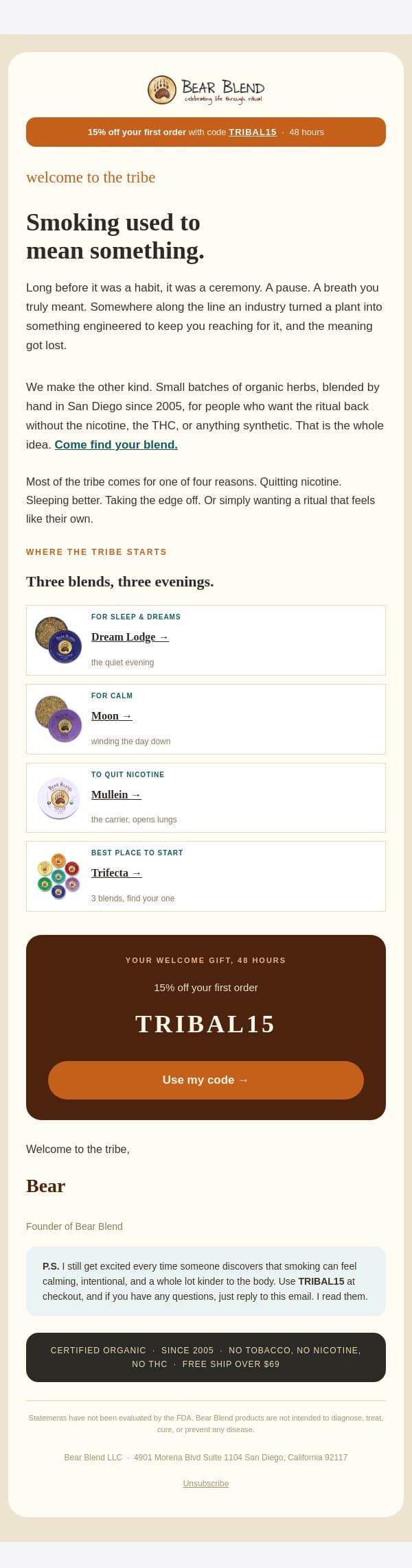 Your 15% off is here - Welcome to the tribe! email from Bear Blend screenshot
