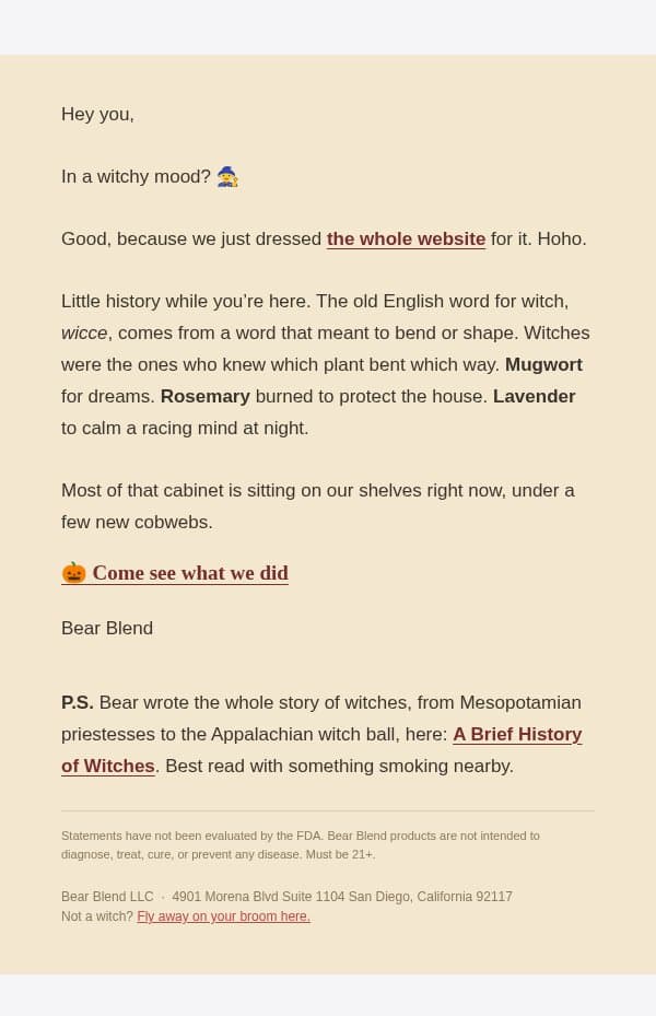 "The witch's cabinet is open" email from Bear Blend screenshot