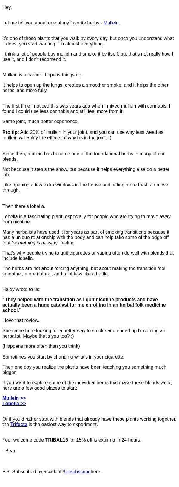 This herbs help you quick nicotine and save you money. email from Bear Blend screenshot