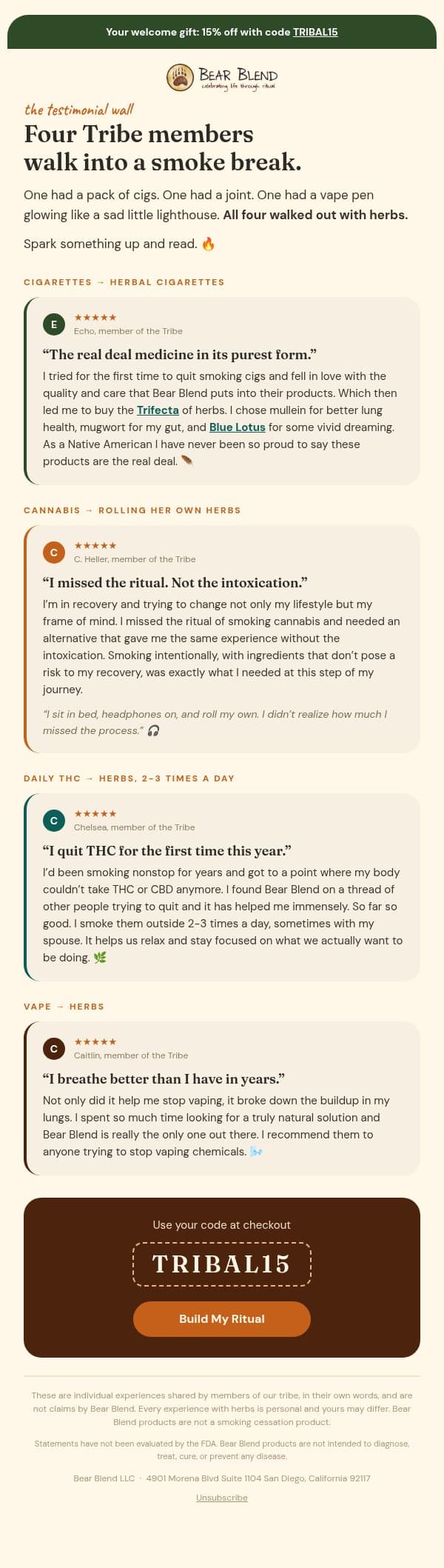 "I quit THC for the first time this year." email from Bear Blend screenshot