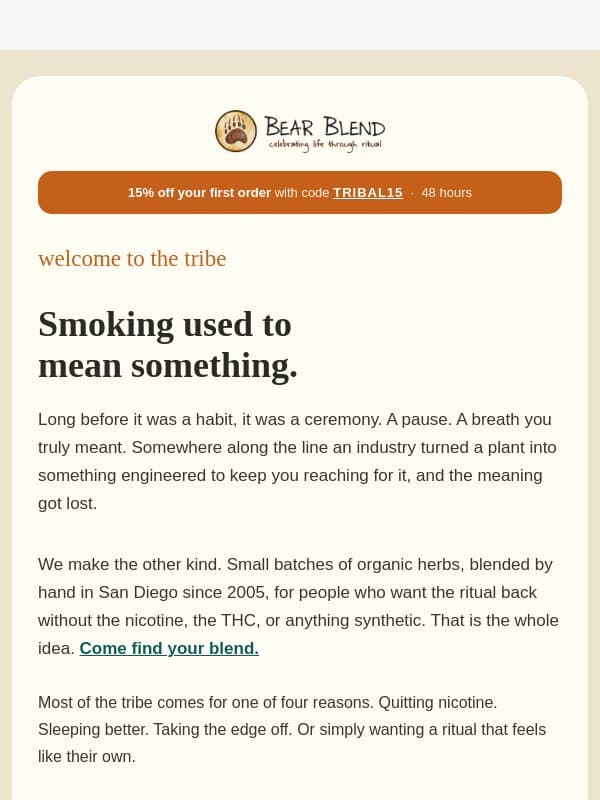 Your 15% off is here - Welcome to the tribe! email from Bear Blend