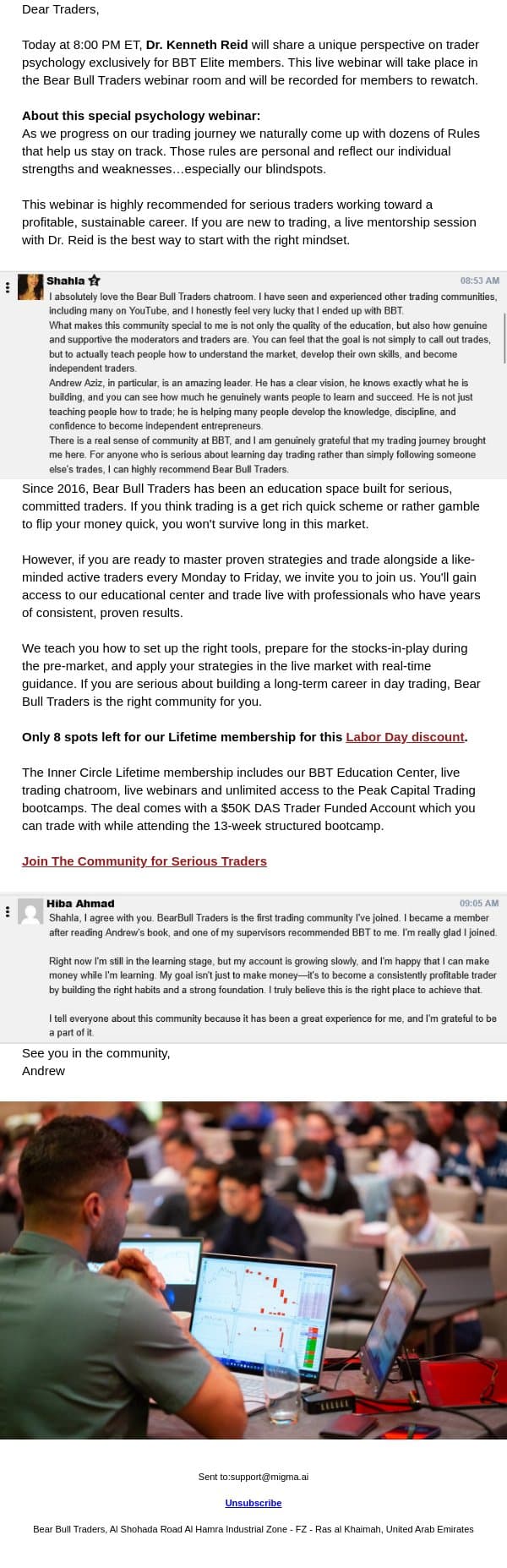 Psychology Webinar Today at 8PM email from Bear Bull Traders screenshot
