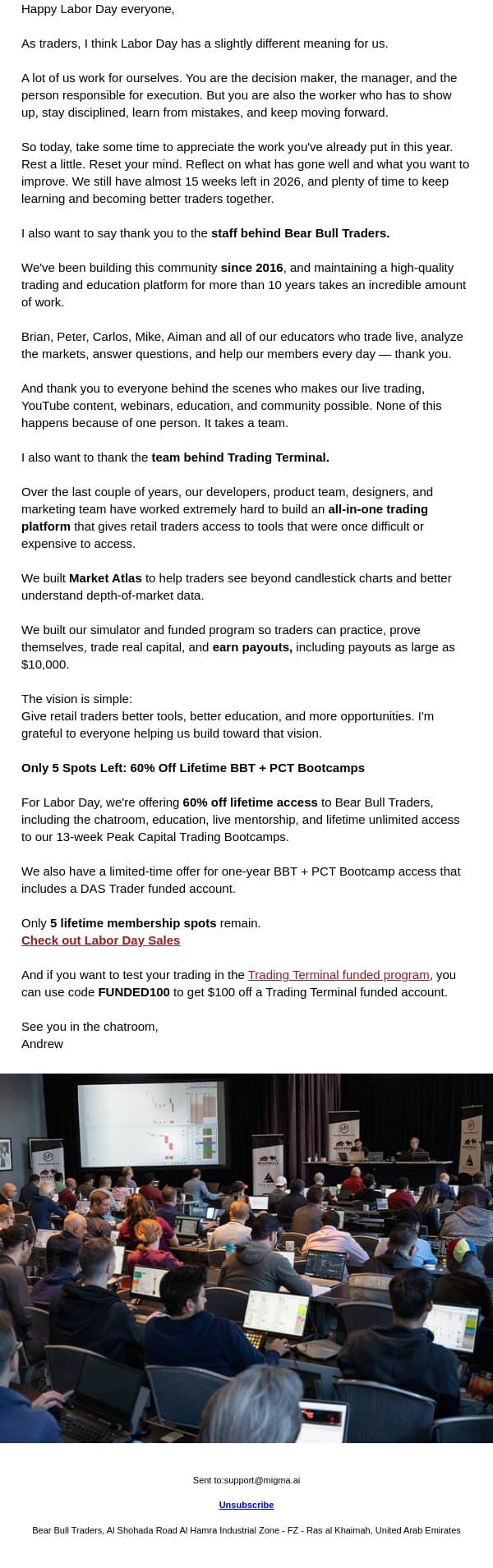 A Labor Day message from me email from Bear Bull Traders screenshot