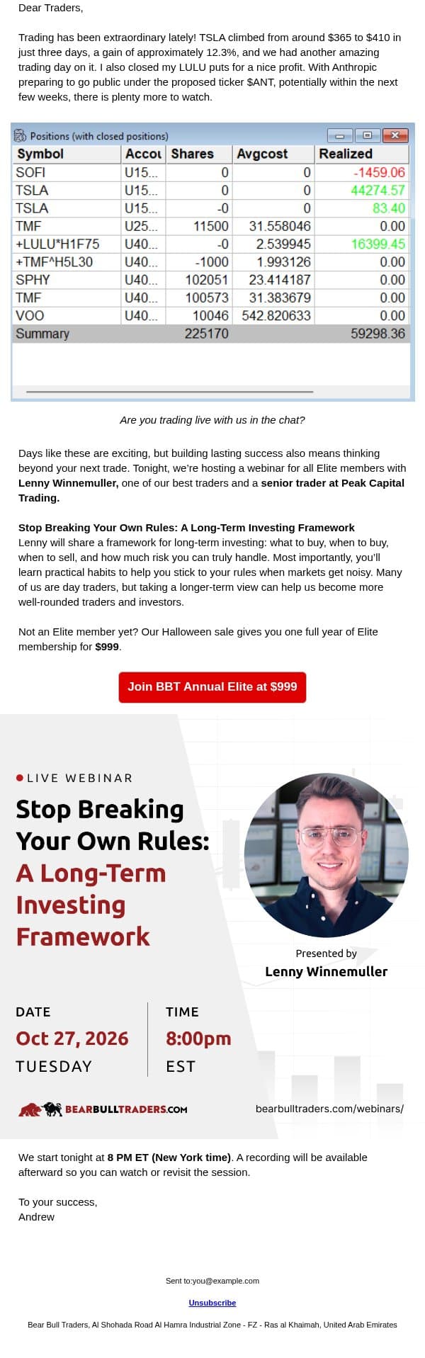 Elite Webinar @ 8PM ET: Long-Term Investing Framework for Day Traders email from Bear Bull Traders screenshot