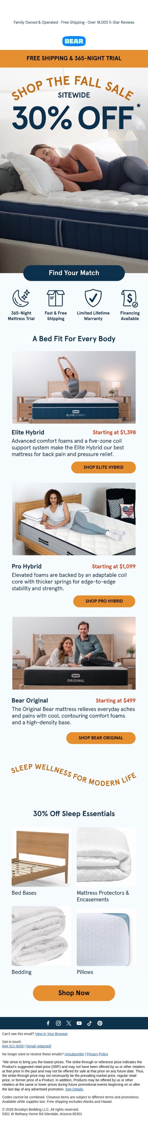 Ready, Set, Refresh: SAVE 30% with Fall Sale Deals email from Bear Mattress screenshot