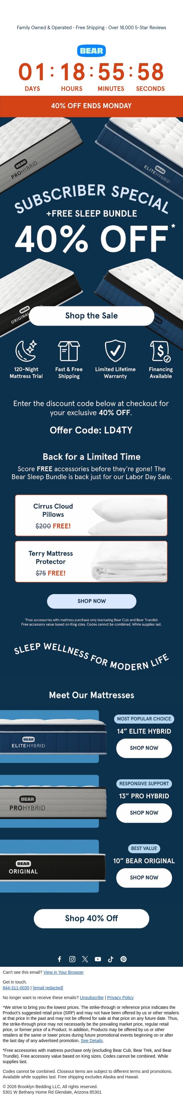 Subscriber Savings End Soon: 40% Off + Free Sleep Bundle email from Bear Mattress screenshot