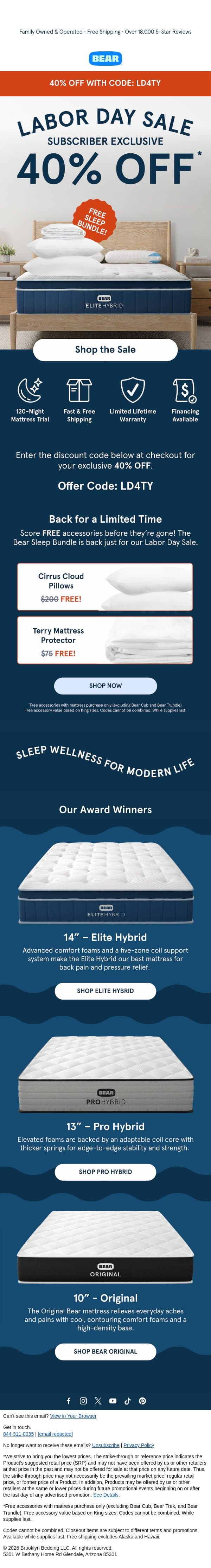 Email Exclusive: 40% OFF + Free Accessories email from Bear Mattress screenshot