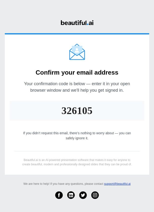 Verify your email email from Beautiful.ai screenshot