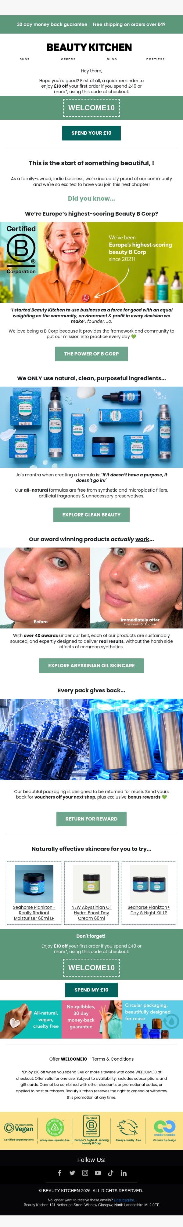 Radically sustainable. Remarkably effective. 👀 email from Beauty Kitchen screenshot