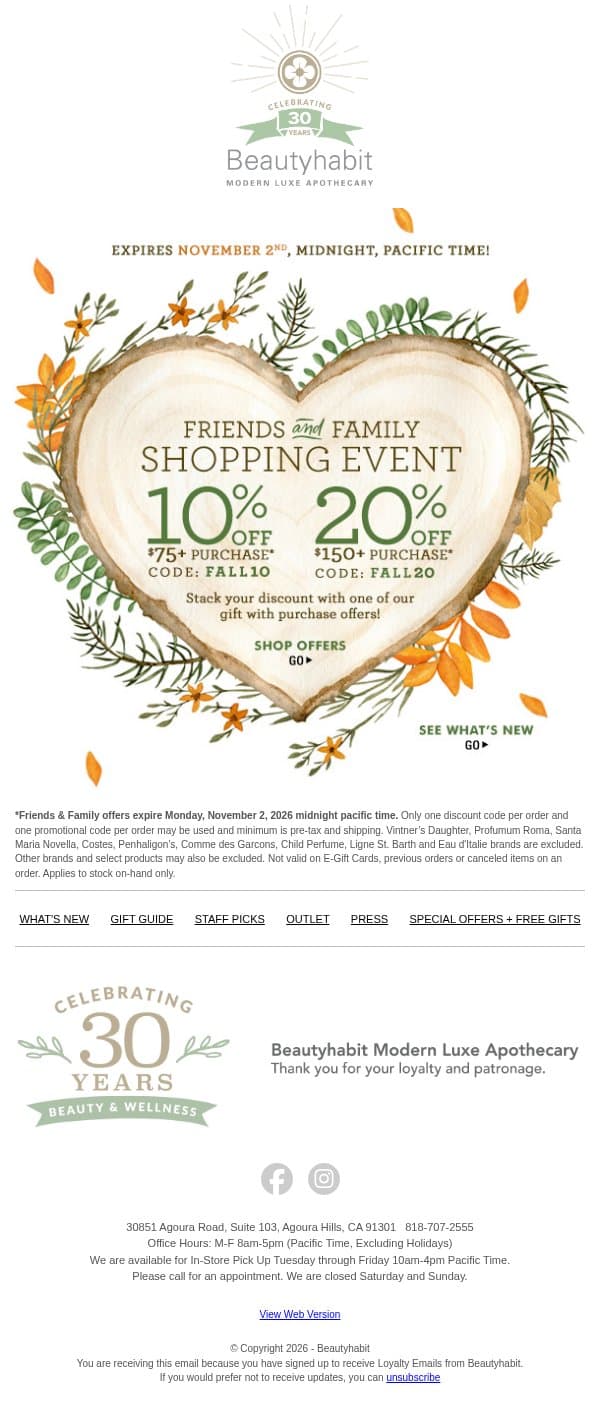 Fall Friends & Family Sale...Come See What's New! email from Beautyhabit screenshot