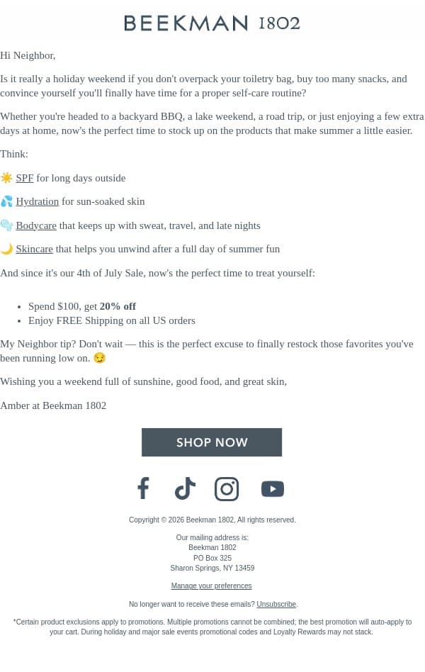 Your Self-Care Haul Starts Here 🎆 email from Beekman 1802 (small-batch segment) screenshot