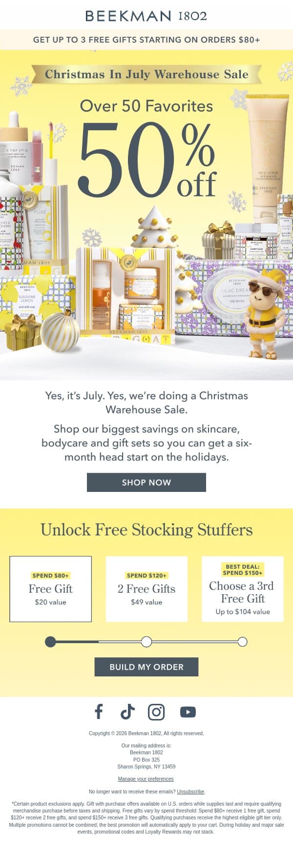It's here: Up to 50% Off + Free Gifts π email from Beekman 1802 (small-batch segment) screenshot