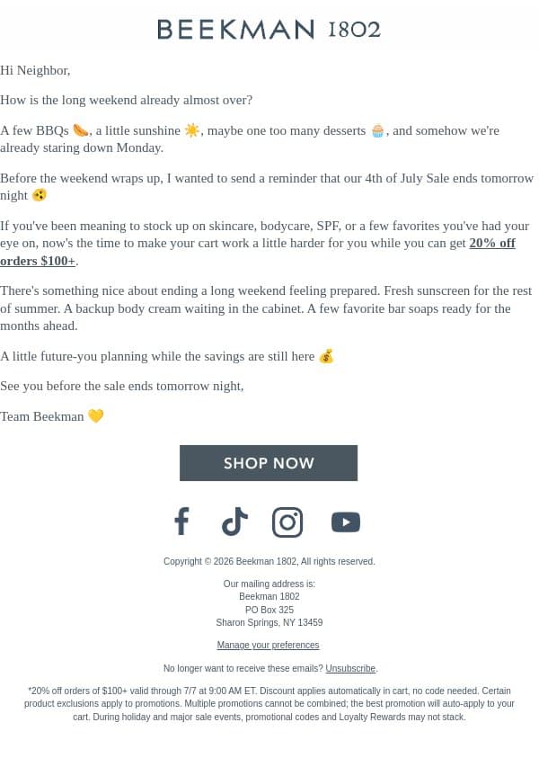 Last call for 20% off $100+ 💸 email from Beekman 1802 (small-batch segment) screenshot