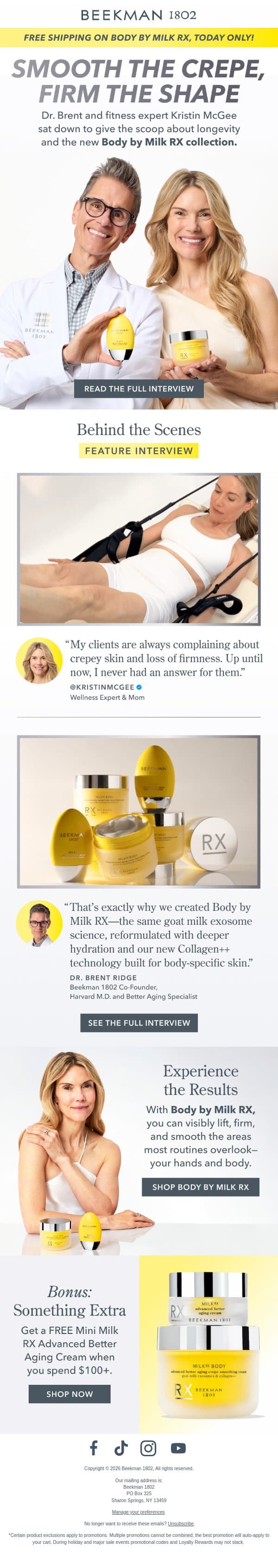 Dr. Brent + Kristin McGee talk crepey skin 💪 email from Beekman 1802 (small-batch segment) screenshot