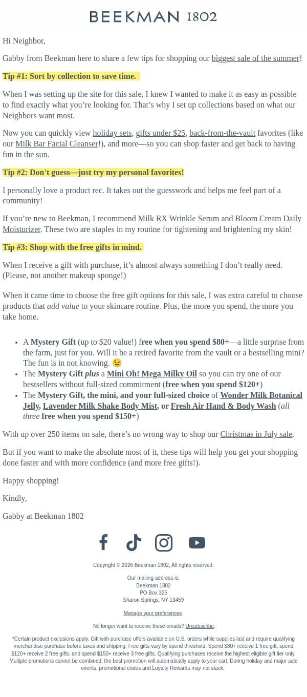 3 tips for shopping smarter this sale 💡 email from Beekman 1802 (small-batch segment) screenshot