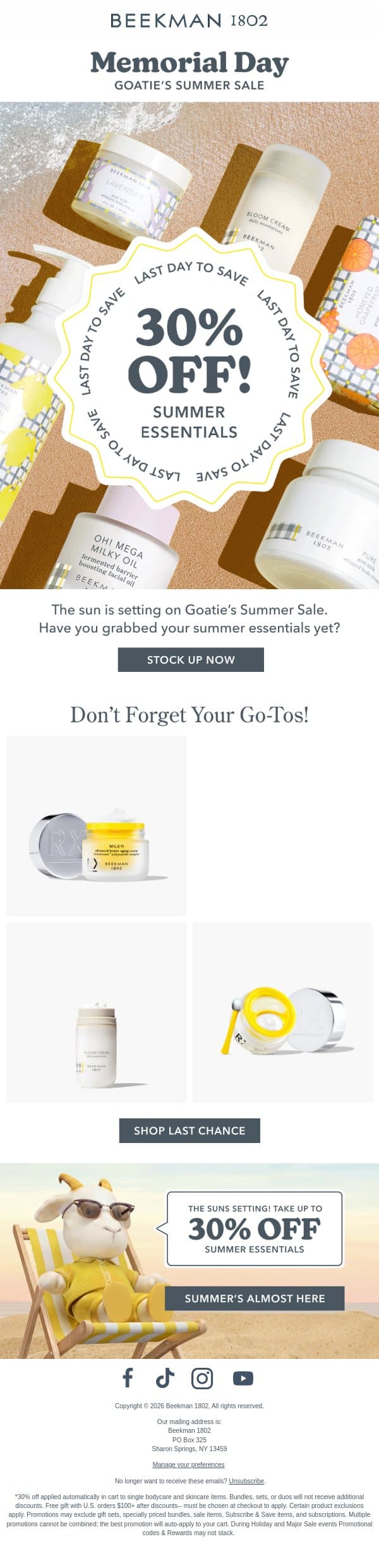 Hello, Summer. Goodbye, 30% Off π email from Beekman 1802 (small-batch segment) screenshot