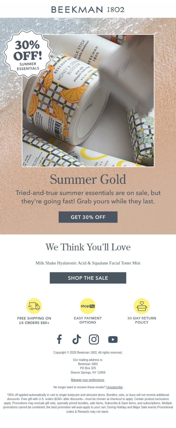 Grab 30% Off Summer Must-Haves! ☀️ email from Beekman 1802 (small-batch segment) screenshot
