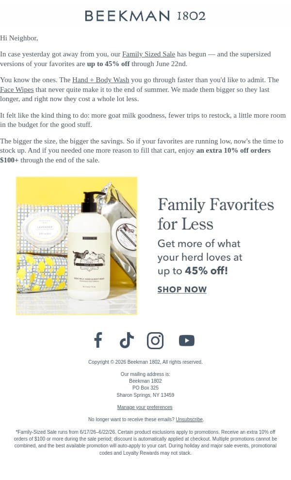 Up to 45% Off Family-Sized 💸 email from Beekman 1802 (small-batch segment) screenshot