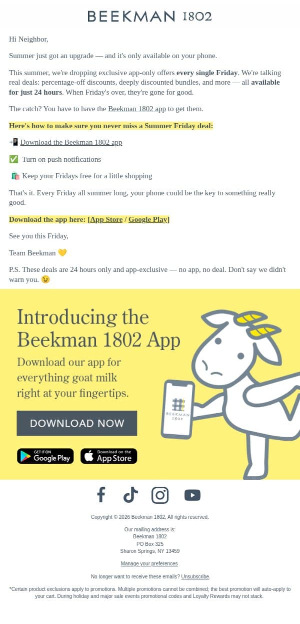 Psst… Fridays just got a whole lot sweeter 👀 email from Beekman 1802 (small-batch segment) screenshot