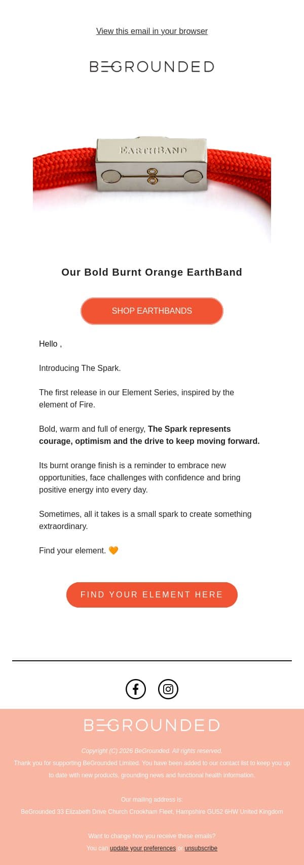 Introducing The Spark: Our Bold Burnt Orange EarthBand email from BeGrounded screenshot