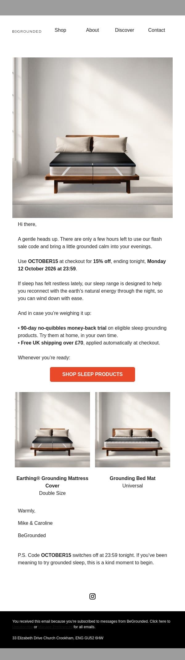 Final Hours: Enjoy 15% Off Your Order email from BeGrounded screenshot